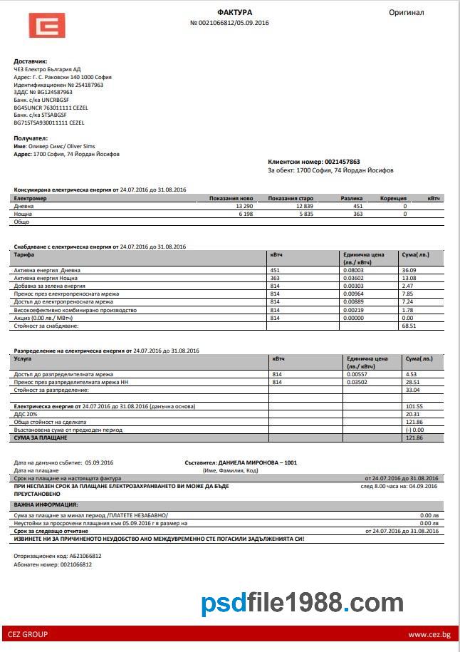 Bulgaria Electricity Utility Bill